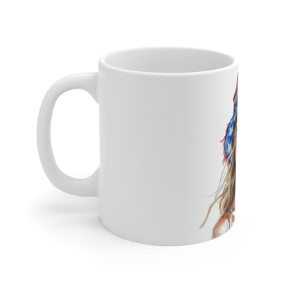 Patriotic Watercolor Woman Coffee Mug – USA Flag Hat Artistic Portrait Mug – Americana Soft Brush Art Cup – Elegant 4th of July Gift Mug 11oz