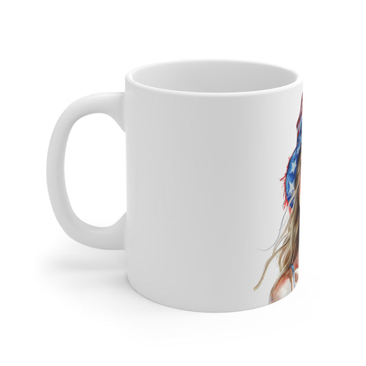 Patriotic Watercolor Woman Coffee Mug – USA Flag Hat Artistic Portrait Mug – Americana Soft Brush Art Cup – Elegant 4th of July Gift Mug 11oz