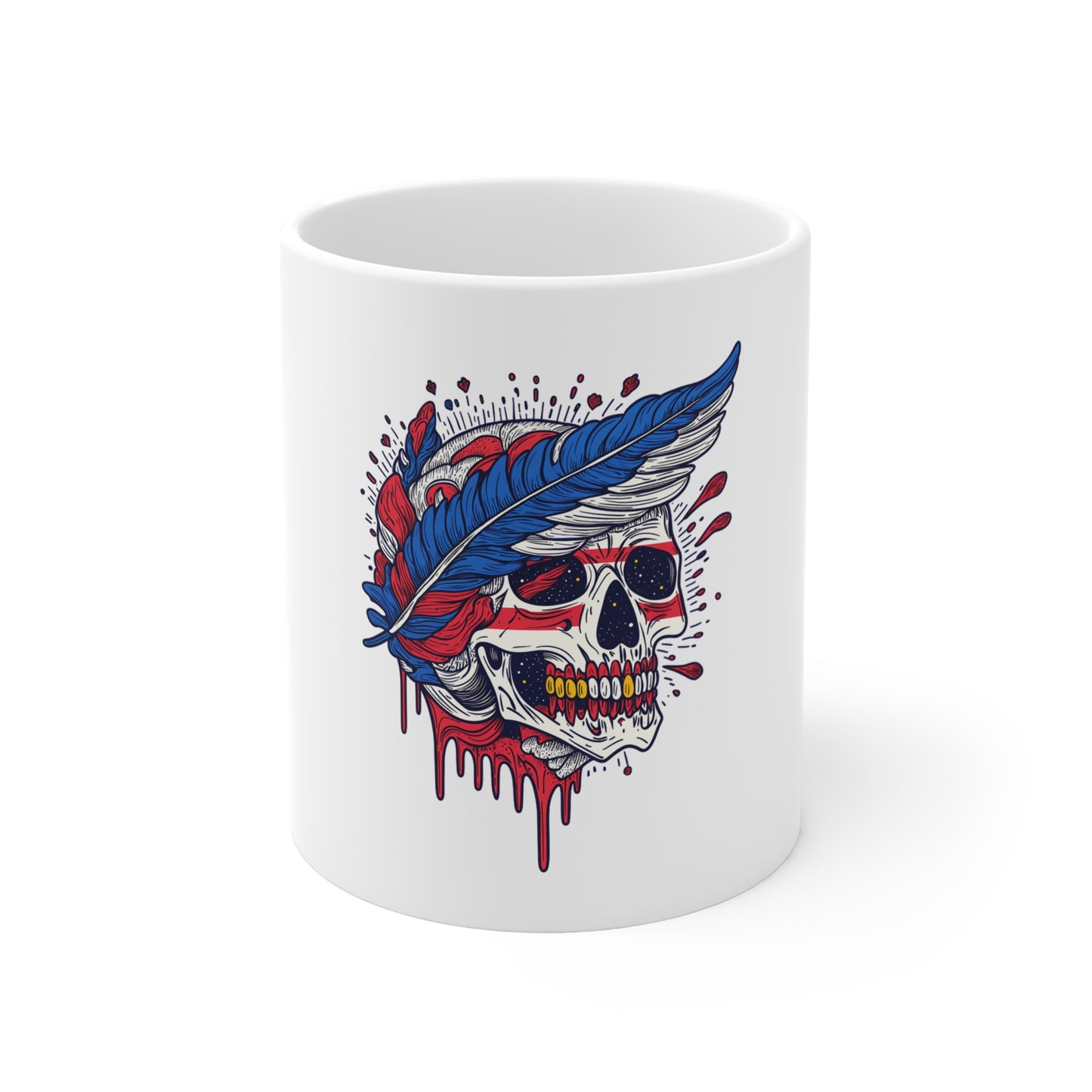 Skull & Feather 11oz Coffee Mug — Red, White & Blue Tattoo Skull Design