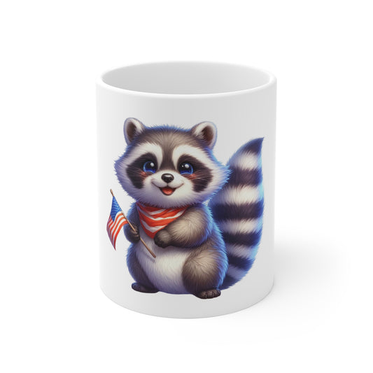 Cute Patriotic Raccoon Coffee Mug – American Flag Raccoon Mug – Red White Blue Animal Cup – Adorable USA Gift Mug 11oz