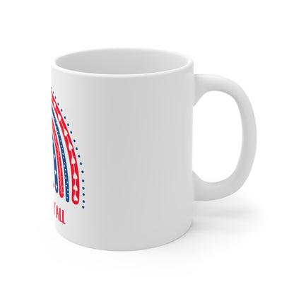 America Y’all Coffee Mug – Whimsical Patriotic Rainbow Design – Cute USA Mug – Red White Blue Americana Gift America Y'all Mug — 11oz Patriotic Red White Blue Coffee Cup (4th of July Gift)