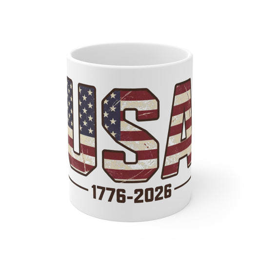 Vintage USA 1776–2026 Coffee Mug – Distressed American Flag Letters Mug – Patriotic 250th Anniversary Mug 11oz