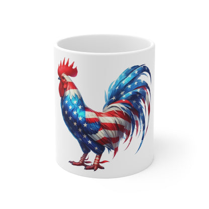 Patriotic Rooster Coffee Mug – American Flag Chicken Mug – Red White Blue Rooster Cup – Bold USA Farmhouse Gift American Flag Rooster Mug — Patriotic 11oz Coffee Cup