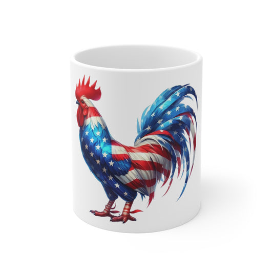 Patriotic Rooster Coffee Mug – American Flag Chicken Mug – Red White Blue Rooster Cup – Bold USA Farmhouse Gift American Flag Rooster Mug — Patriotic 11oz Coffee Cup