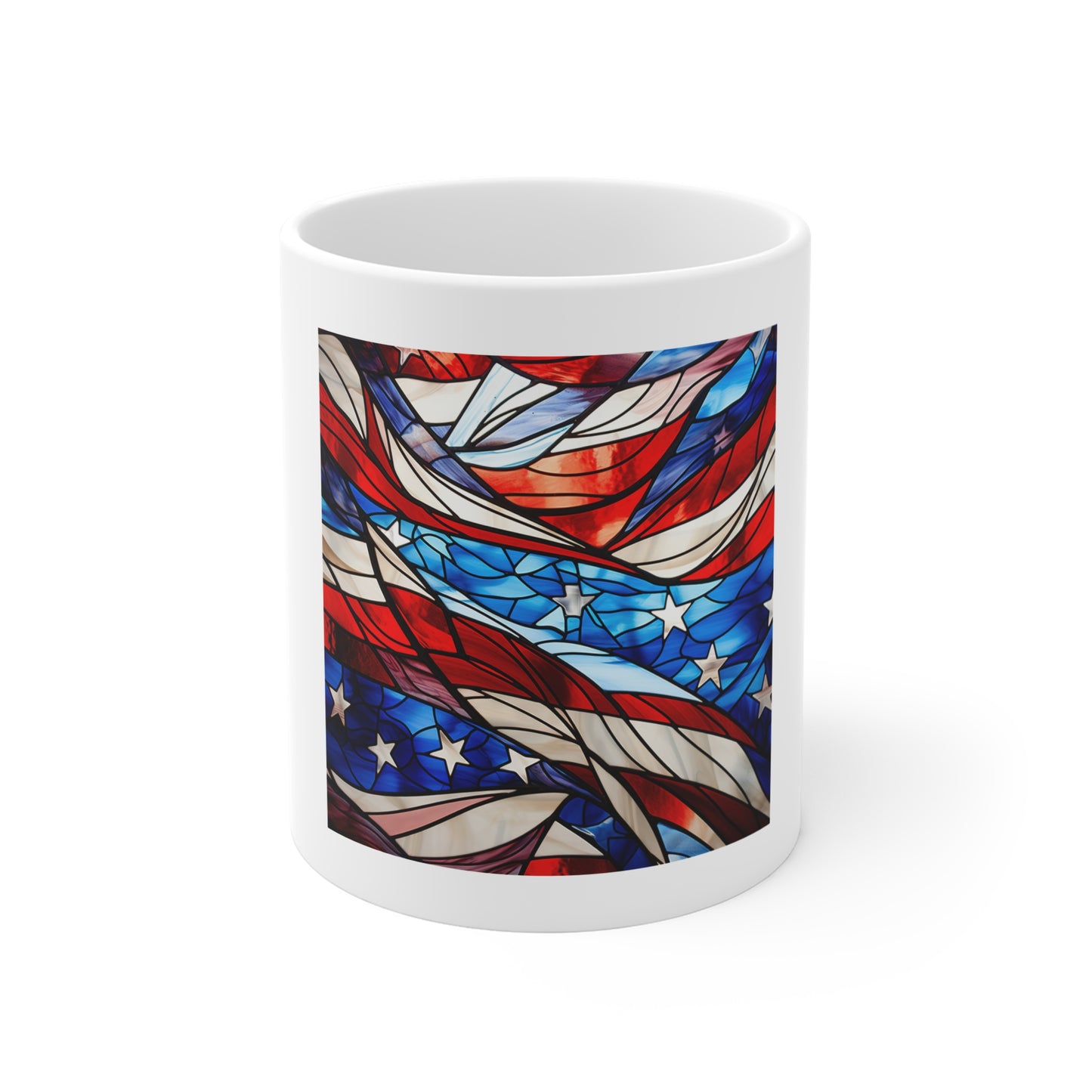 Stained Glass American Flag Coffee Mug – Layered Ribbon Patriotic Mug – Colorful USA Flag Cup – Artistic Americana Gift – Premium Art Mug