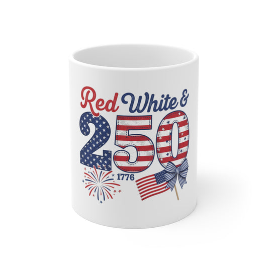 Red White & 250 Coffee Mug – Patriotic 1776–2026 Anniversary Mug – Vintage Americana Fireworks USA Cup – Independence Day Gift Mug 11oz