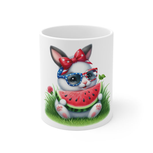 Patriotic Bunny Coffee Mug – Cute American Bunny Mug – Watermelon Summer USA Mug – Red White Blue Rabbit Cup 11oz