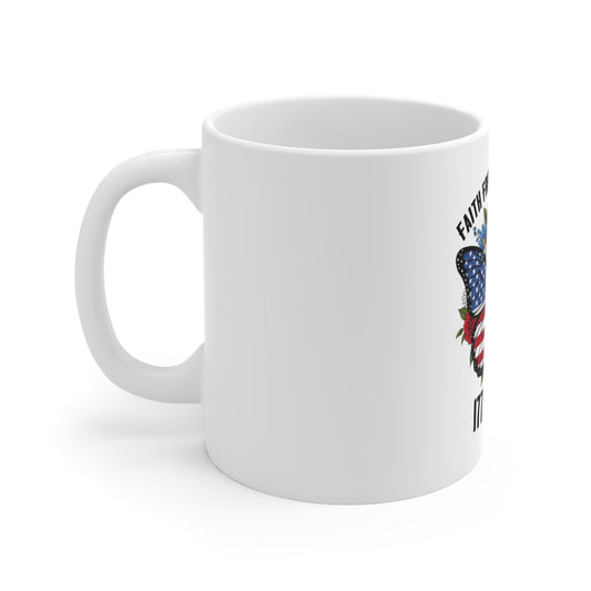 11oz Mug — Faith Freedom 250 Years 1776–2026 American Flag Butterfly with Cross & Roses