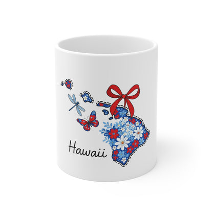 Hawaii Floral Map Mug — 11oz Ceramic Coffee Cup with Red Bow & Island Flowers