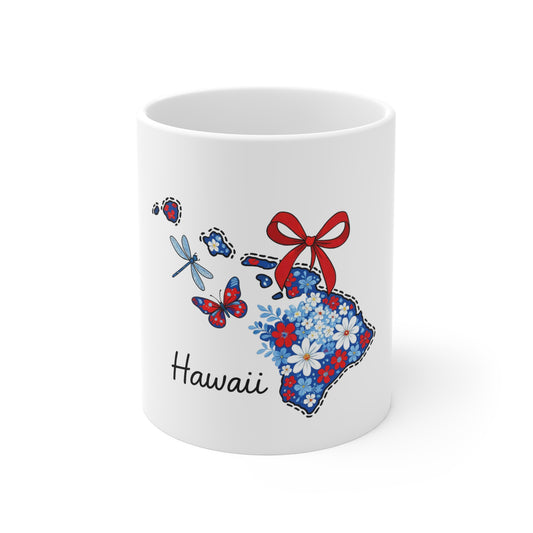 Hawaii Floral Map Mug — 11oz Ceramic Coffee Cup with Red Bow & Island Flowers