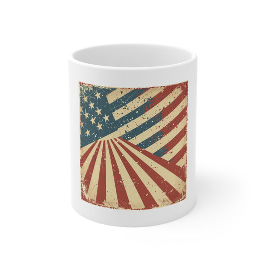 Retro American Flag Sunburst Coffee Mug – Vintage Patriotic USA Mug – Diagonal Stars & Stripes 11oz Ceramic Cup – Unique Americana Gift