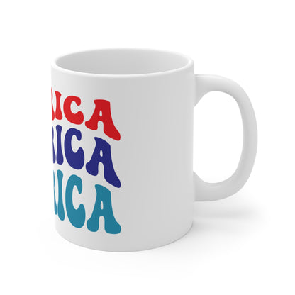 America Retro Typography Coffee Mug – Bold Patriotic USA Mug – Vintage Americana Lettering Cup – 4th of July Statement Mug Mug 11oz