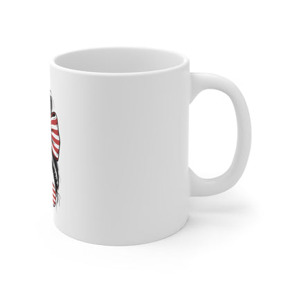 Patriotic Messy Bun Mug – American Flag Sunglasses & Bow 11oz