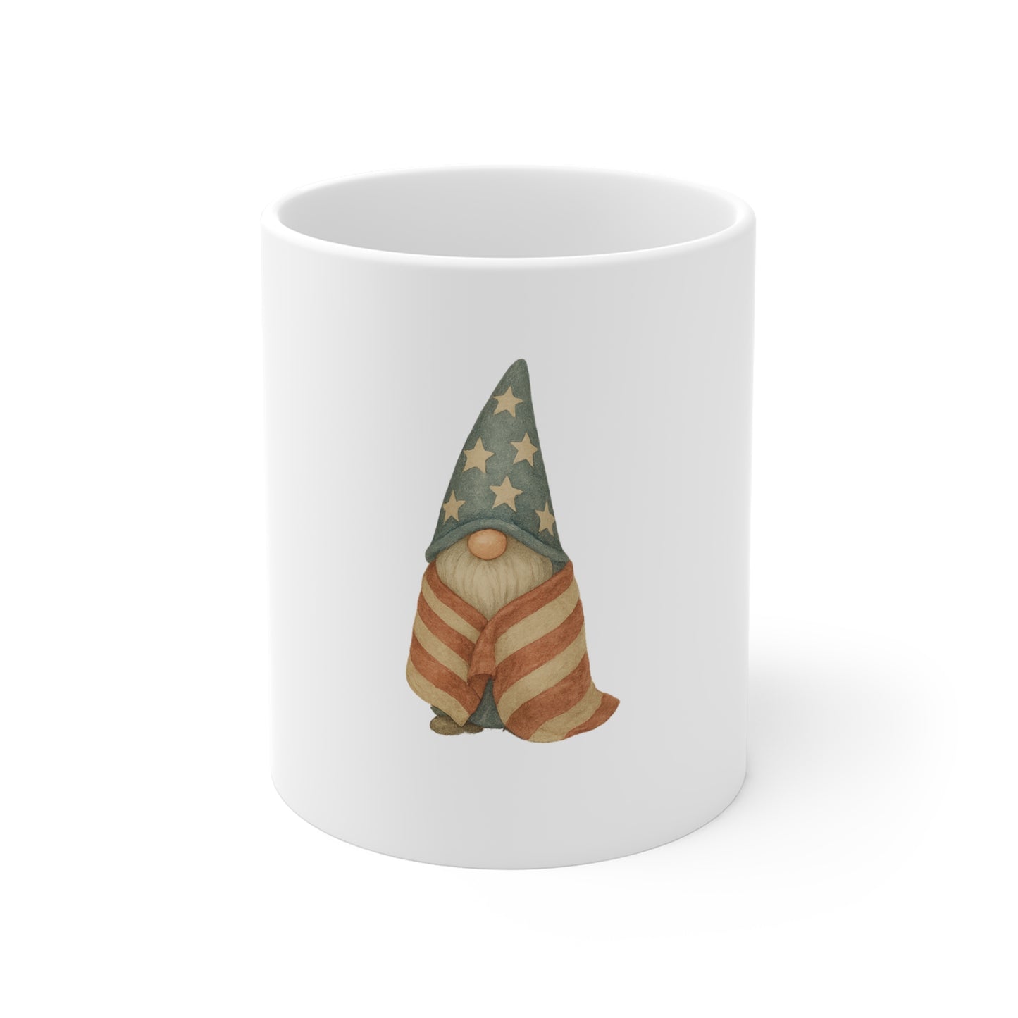 Patriotic Blanket Gnome Coffee Mug – Americana Flag Wrap Gnome Mug – Cozy 4th of July Gnome – Rustic Cottage USA Mug 11oz