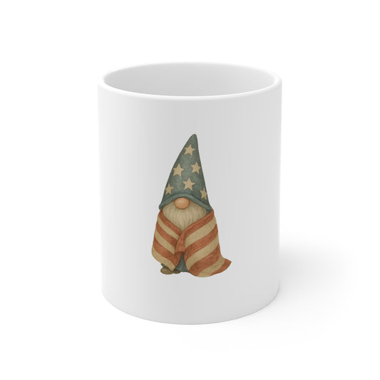 Patriotic Blanket Gnome Coffee Mug – Americana Flag Wrap Gnome Mug – Cozy 4th of July Gnome – Rustic Cottage USA Mug 11oz