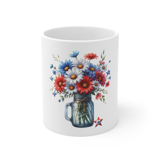 Patriotic Daisy Bouquet Mason Jar Coffee Mug – Red White Blue Floral Mug – Americana Wildflower Cup – Summer Cottagecore Gift Mug 11oz Ceramic Mug — Mason Jar Wildflower Bouquet (Red, White & Blue...