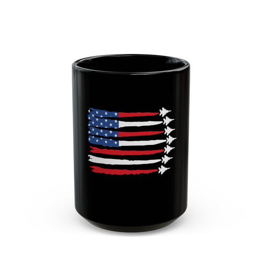 American Fighter Jet Flag Mug – Patriotic Jet Stripe Coffee Mug – USA Air Force Inspired Flag Cup – Red White Blue Aviation Mug Black Mug (11oz, 15oz)