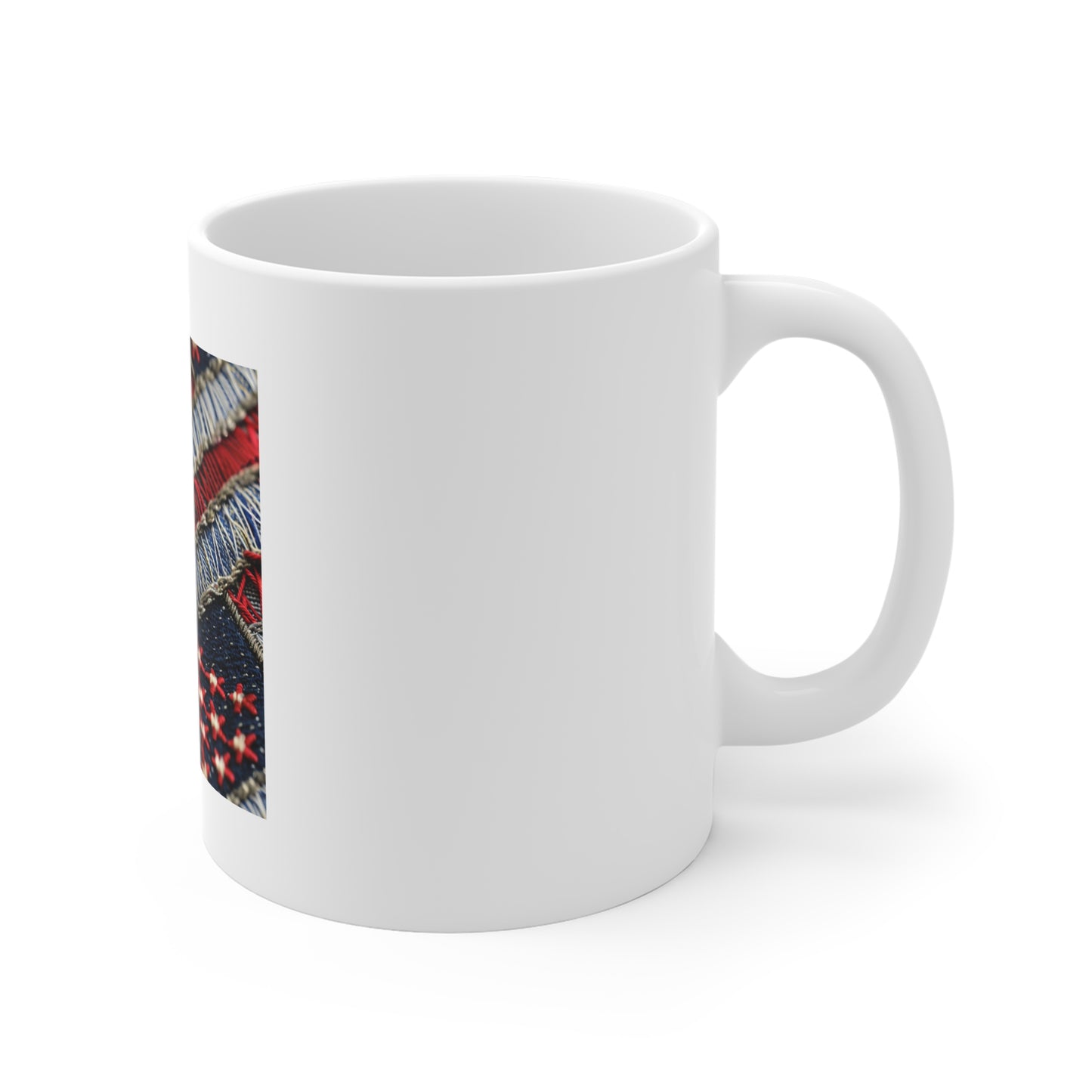 Denim American Flag Coffee Mug – Frayed Stitch Patriotic Design – Shallow Focus Americana Mug – Woven USA Flag Cup Embroidered American Flag Mug — Patriotic 11oz Coffee Cup