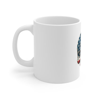 American Flag Skull Mug — Patriotic 11oz Coffee Cup