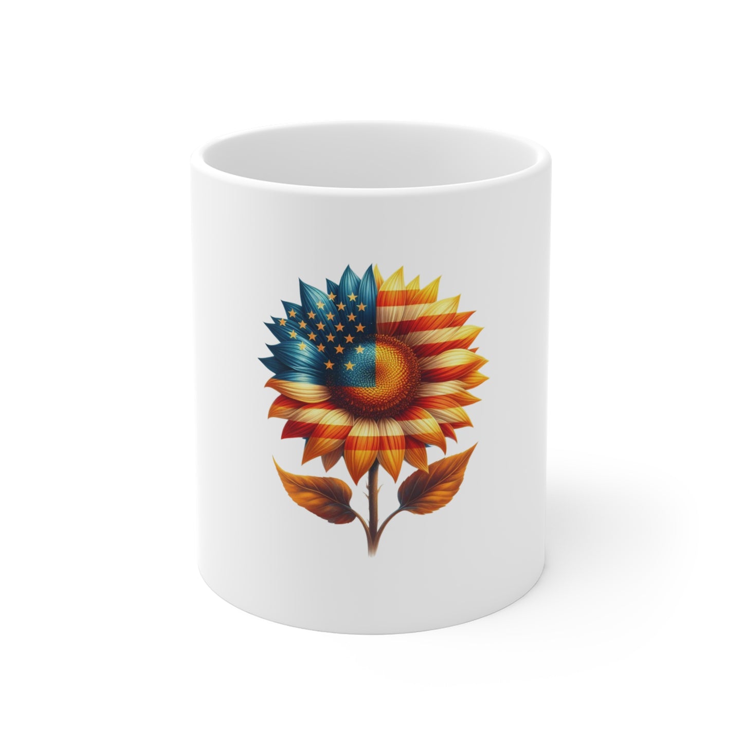Patriotic Sunflower Coffee Mug — American Flag Floral 11oz