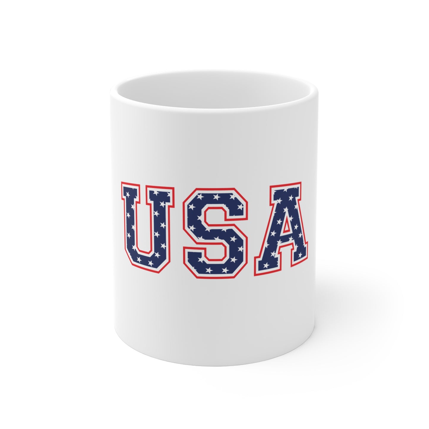 USA Stars Varsity Mug – Patriotic Star Pattern Coffee Mug – Red White Blue USA Letter Cup – Classic Americana Gift Mug 11oz