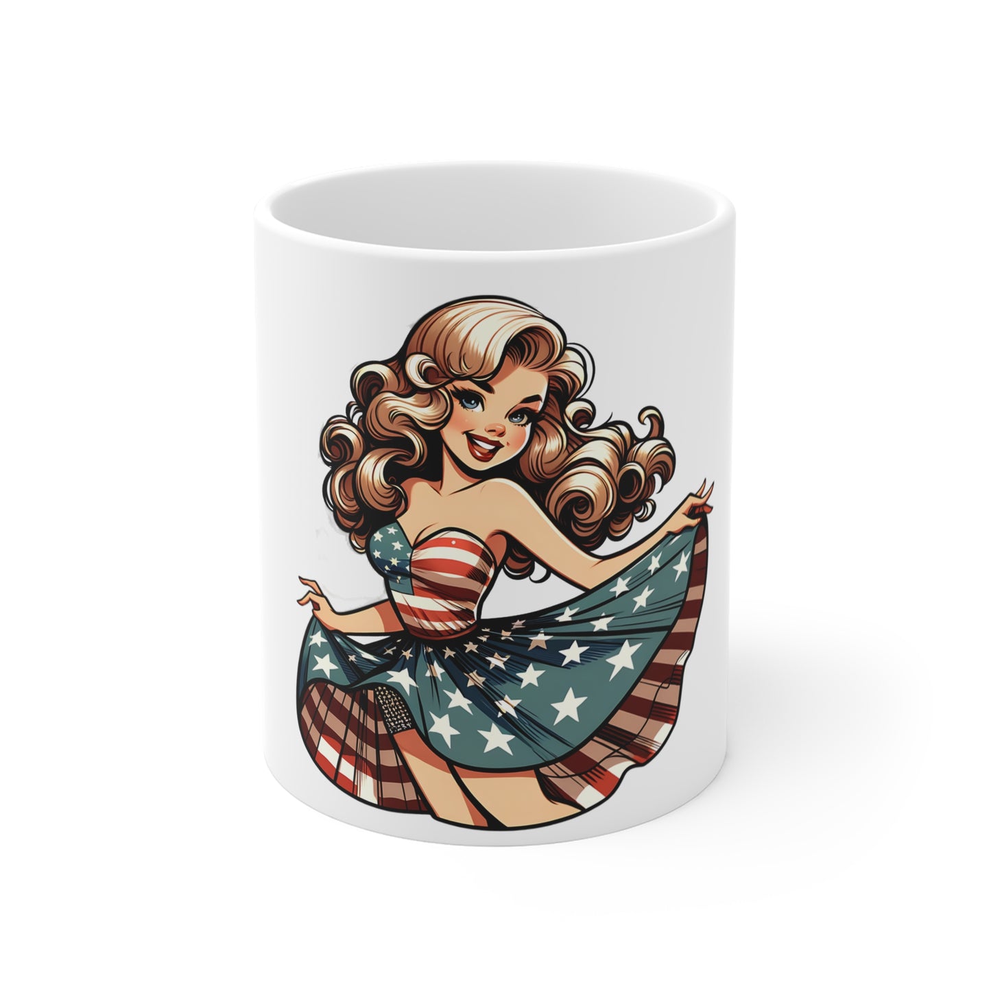 Patriotic Pin-Up Stars Dress Mug – Vintage Americana Woman Coffee Mug – Retro USA Flag Skirt Cup – Classic American Girl Mug – Fourth of July Gift Patriotic Pin-Up Girl 11oz Coffee Mug – American Flag...