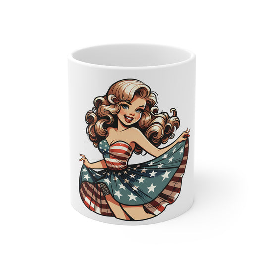 Patriotic Pin-Up Stars Dress Mug – Vintage Americana Woman Coffee Mug – Retro USA Flag Skirt Cup – Classic American Girl Mug – Fourth of July Gift Patriotic Pin-Up Girl 11oz Coffee Mug – American Flag...