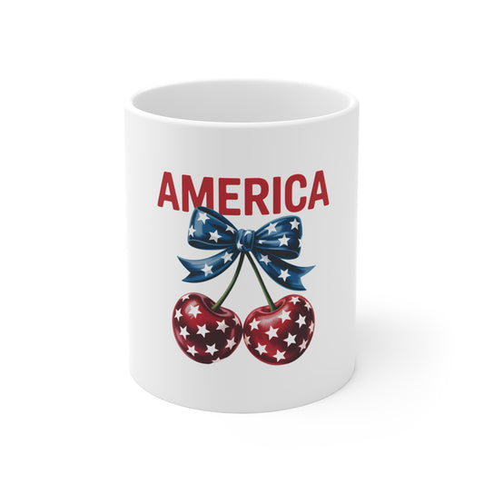 America Cherry 11oz Mug — Patriotic Stars & Stripes Coffee Cup