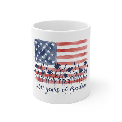 American Flag Floral Mug — "250 Years of Freedom" Patriotic 11oz Coffee Cup