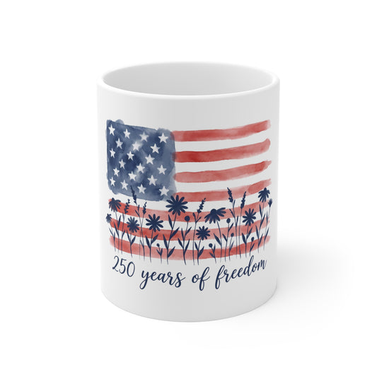 American Flag Floral Mug — "250 Years of Freedom" Patriotic 11oz Coffee Cup