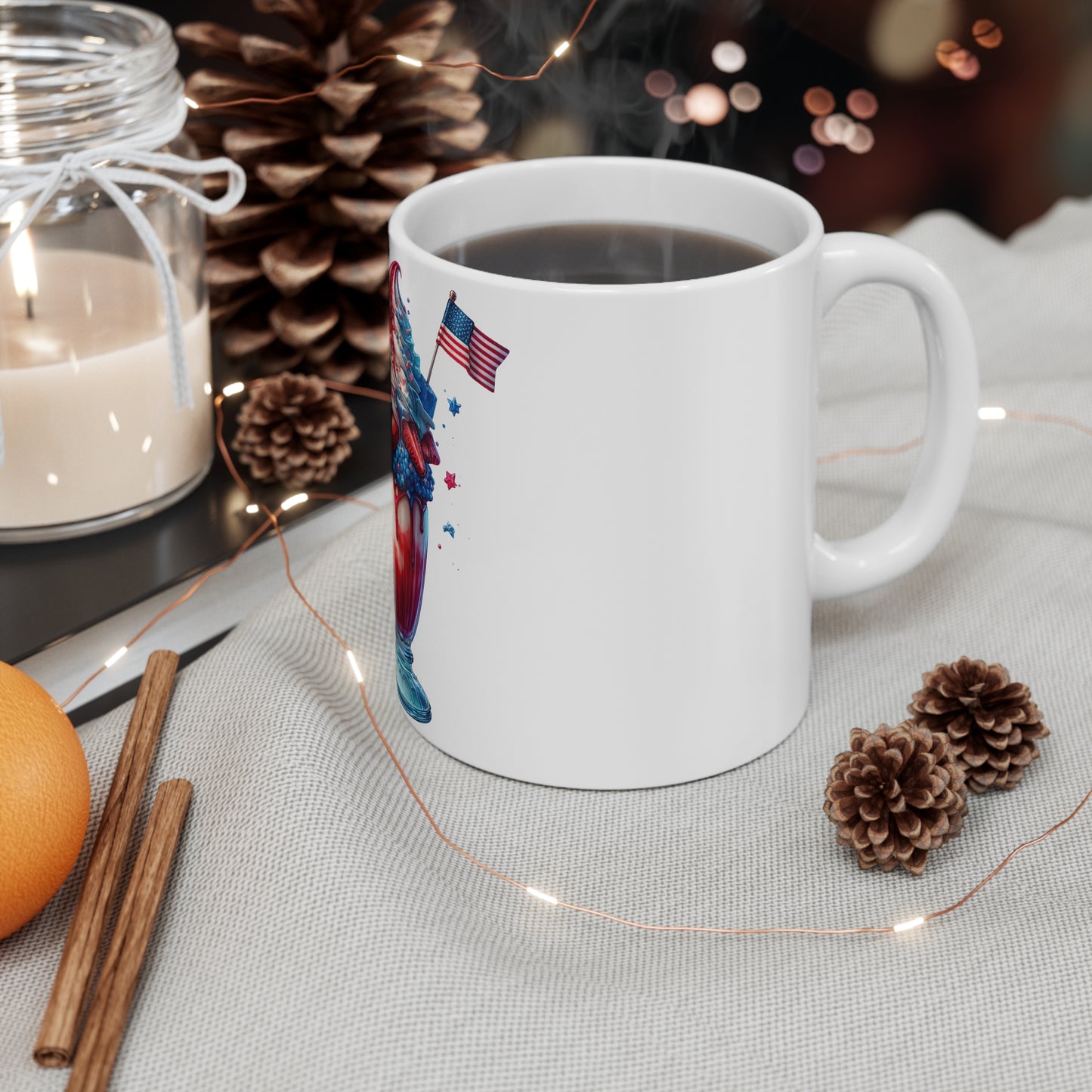 Patriotic Strawberry Milkshake Coffee Mug – 4th of July Sparkler Mug – Red White Blue Dessert Cup – Americana Berry Treat Mug – Festive Gift Mug
