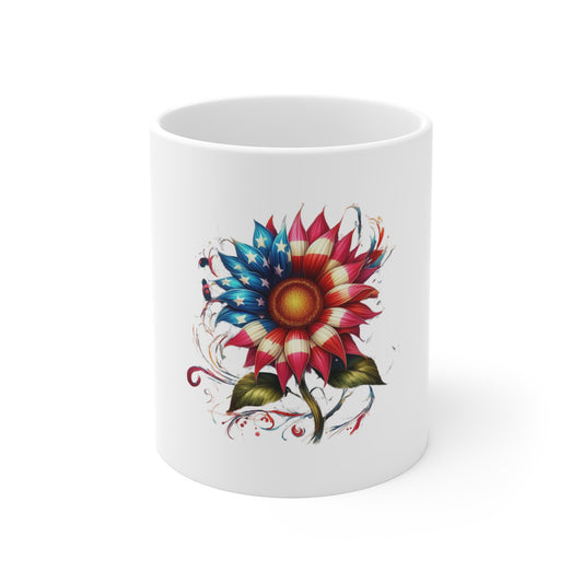 American Flag Sunflower Mug — Patriotic Floral 11oz Coffee Cup
