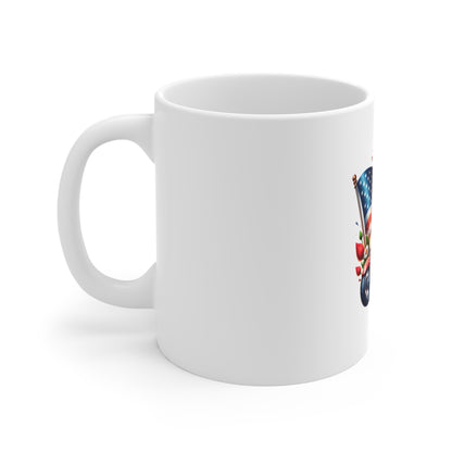 Patriotic Biker Gnome Mug — American Flag Motorcycle 11oz