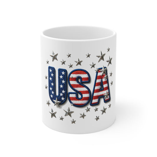 USA Embroidered Patch Style Coffee Mug – Patriotic Stars & Stripes Mug – Vintage Americana Texture Cup – Bold USA Pride Gift 11oz