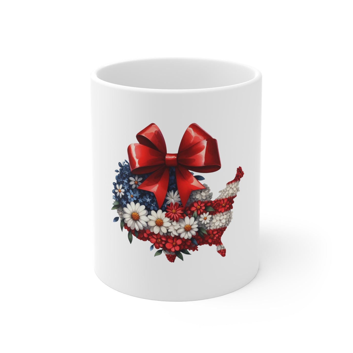 Patriotic Floral USA Mug — 11oz American Flag Map with Red Bow & Daisies