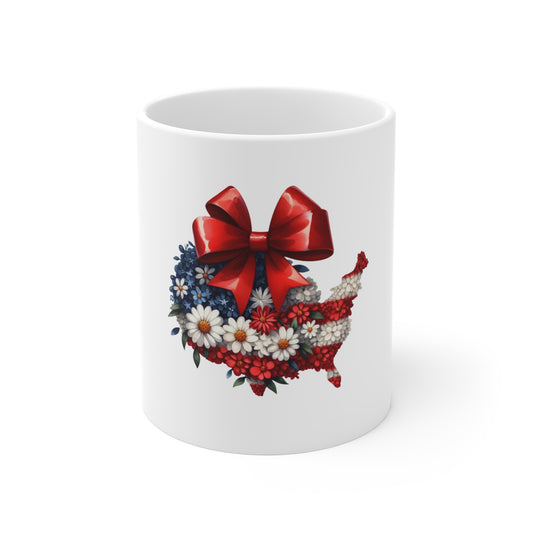 Patriotic Floral USA Mug — 11oz American Flag Map with Red Bow & Daisies