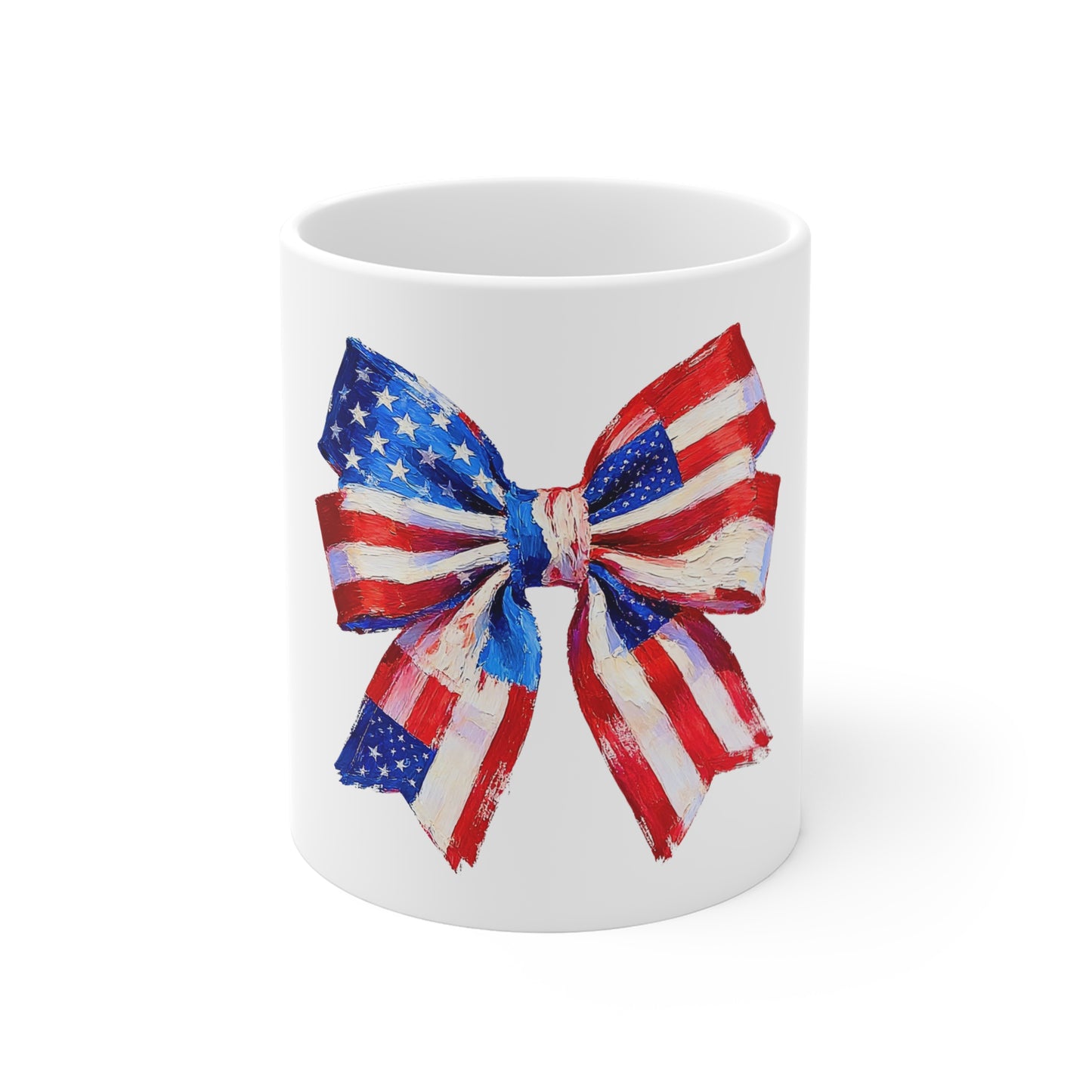Patriotic American Flag Bow Mug — 11oz Fourth of July Coffee Cup