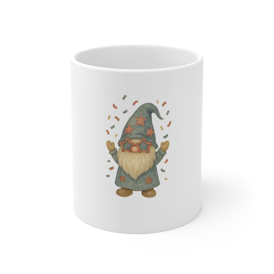 Patriotic Party Gnome Coffee Mug – Confetti Celebration Gnome Mug – 4th of July Star Glasses Gnome – Cute Americana Mug 11oz