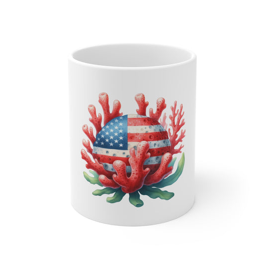 American Flag Coral Reef Mug — Patriotic Ocean Coffee Cup (11oz)