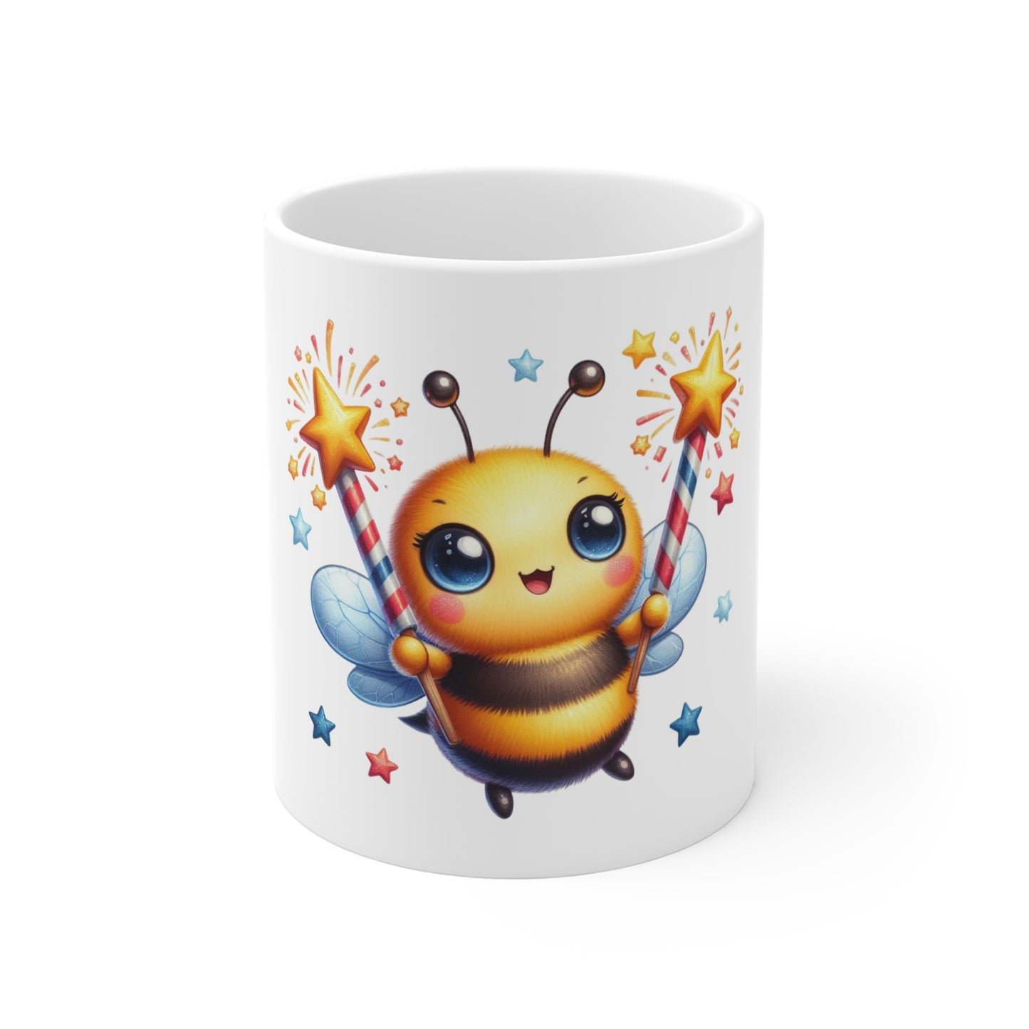 Cute Patriotic Bee Coffee Mug – Kawaii Bumblebee Fireworks Mug – Red White Blue Star Wand Cup – Adorable USA Gift Mug 11oz