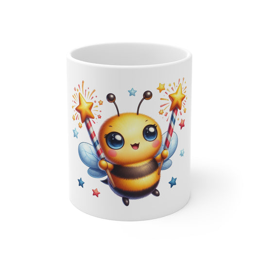 Cute Patriotic Bee Coffee Mug – Kawaii Bumblebee Fireworks Mug – Red White Blue Star Wand Cup – Adorable USA Gift Mug 11oz