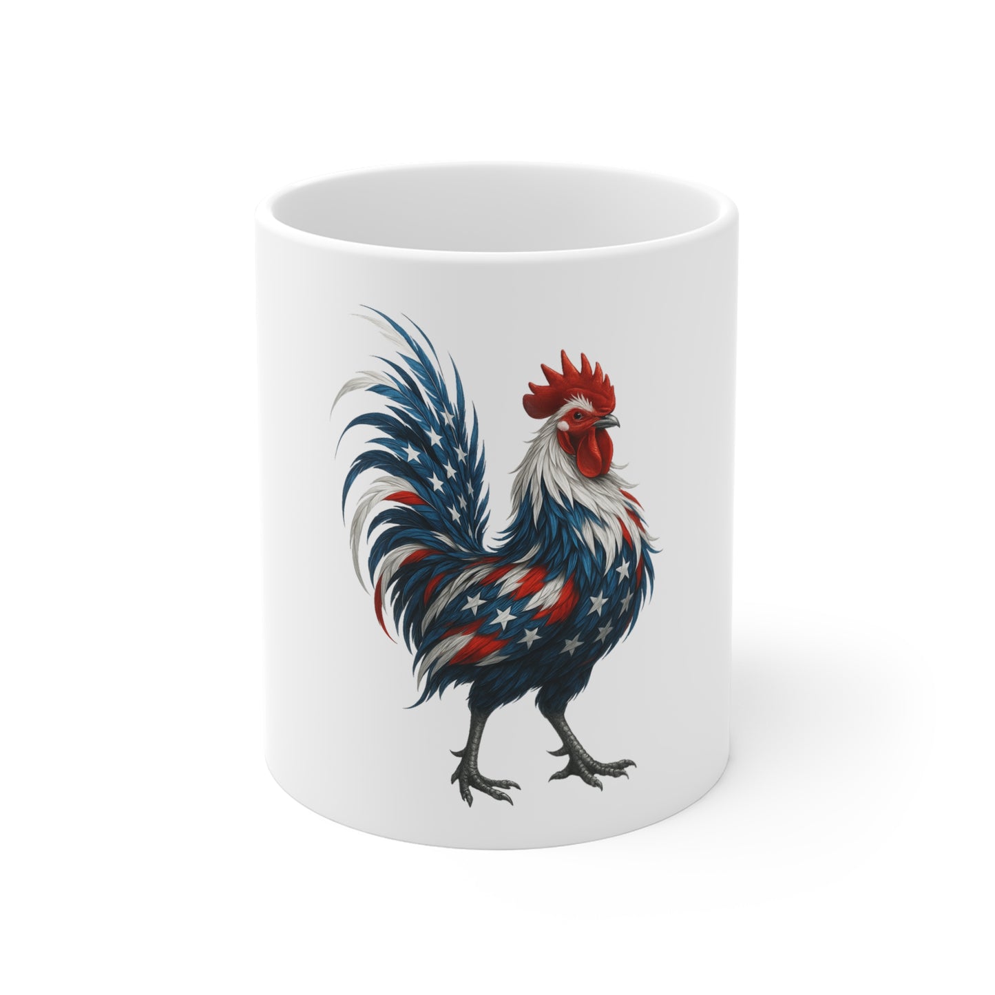 Patriotic Rooster Coffee Mug — American Flag Farmhouse 11oz