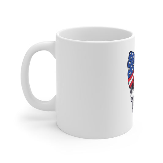 American Flag Skull Mug — Patriotic Skull with Star-Spangled Bow 11oz