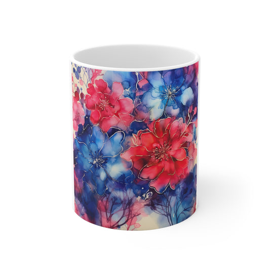 Patriotic Floral Garden Coffee Mug – Red White Blue Watercolor Flower Mug – Rich Americana Bloom Cup – Elegant Artistic Gift Watercolor Floral Mug — Pink & Blue Bloom 11oz Ceramic Coffee Cup
