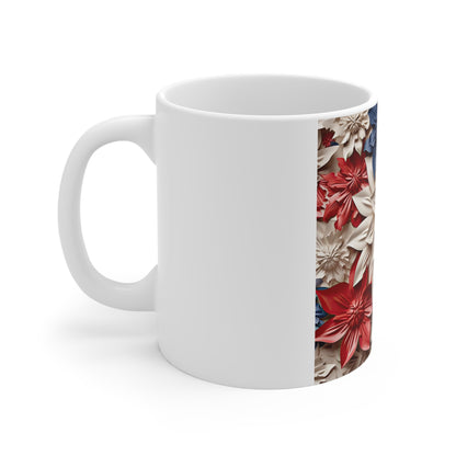 Patriotic 3D White Flower Coffee Mug – Red Blue Sculpted Floral Mug – Elegant Layered Botanical Cup – Premium Americana Mug Patriotic Red White Blue Floral Mug – 11oz Decorative Flower Coffee Cup...
