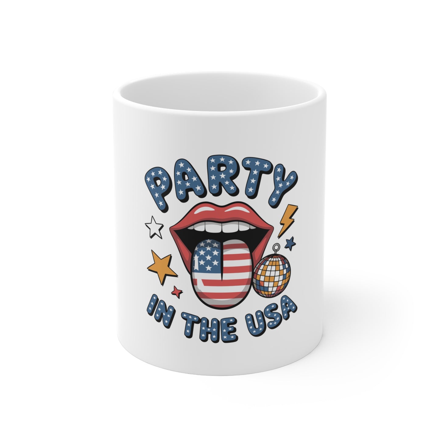 Party in the USA Mug — Patriotic 11oz Coffee Cup with Flag Tongue Design