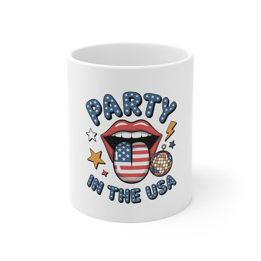 Party in the USA Mug — Patriotic 11oz Coffee Cup with Flag Tongue Design