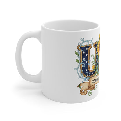 USA Sunflower Patriotic Coffee Mug – 250 Years of Freedom Mug – Vintage Americana Floral Flag Mug 11oz