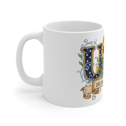 USA Sunflower Patriotic Coffee Mug – 250 Years of Freedom Mug – Vintage Americana Floral Flag Mug 11oz