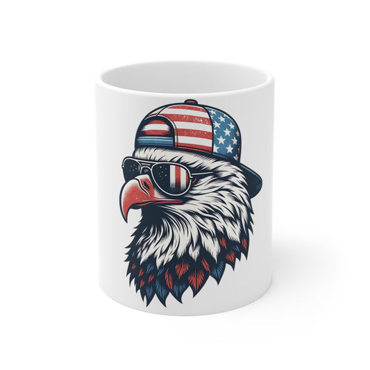 Patriotic Eagle Hat Coffee Mug – American Flag Bald Eagle with Sunglasses Mug – USA Freedom Bird Cup – Vintage Americana Gift Mug 11oz